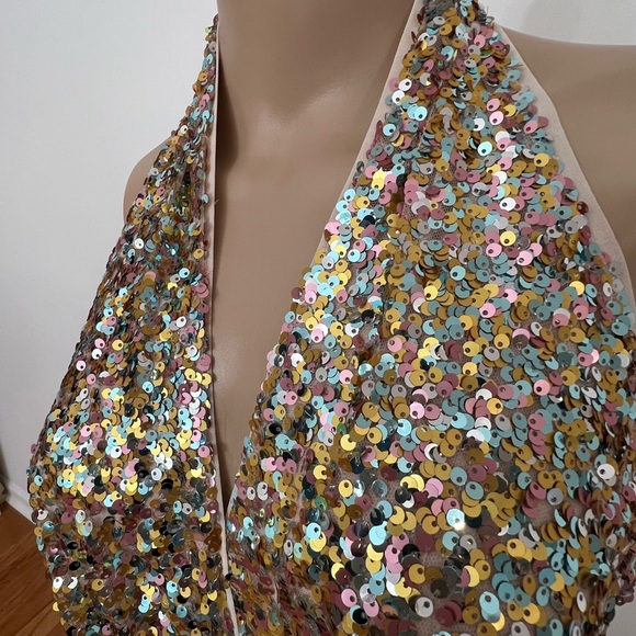 Marciano Limited Edition Shimmering Gold Sequin Halter Gown - Picture 3 of 9